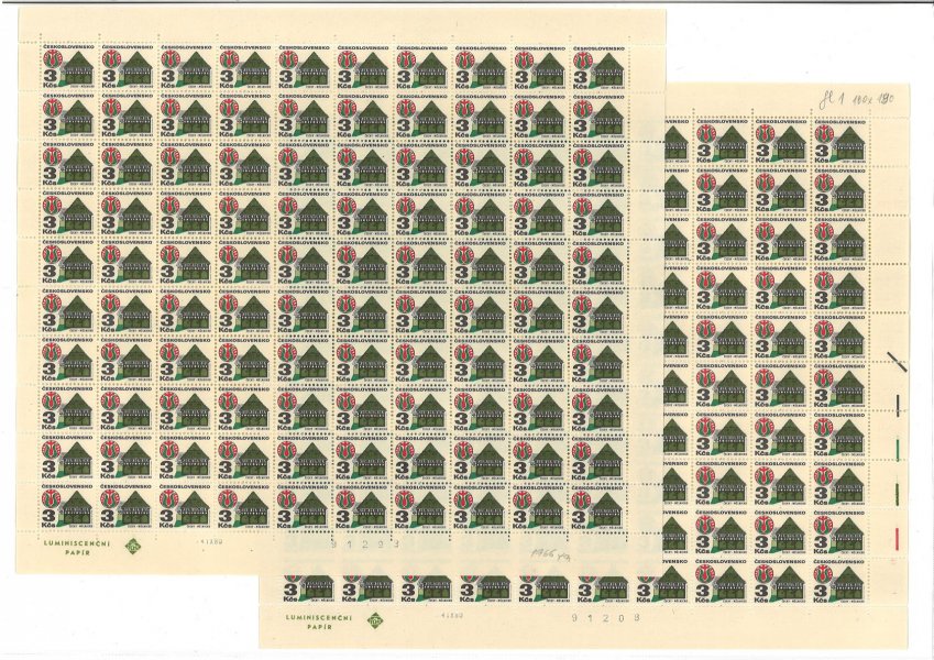 1966  ya Fl 1 papír ; 3 Kčs - kompletní archy tiskové desky A + B , 1 x  silně povoleno v perforaci 