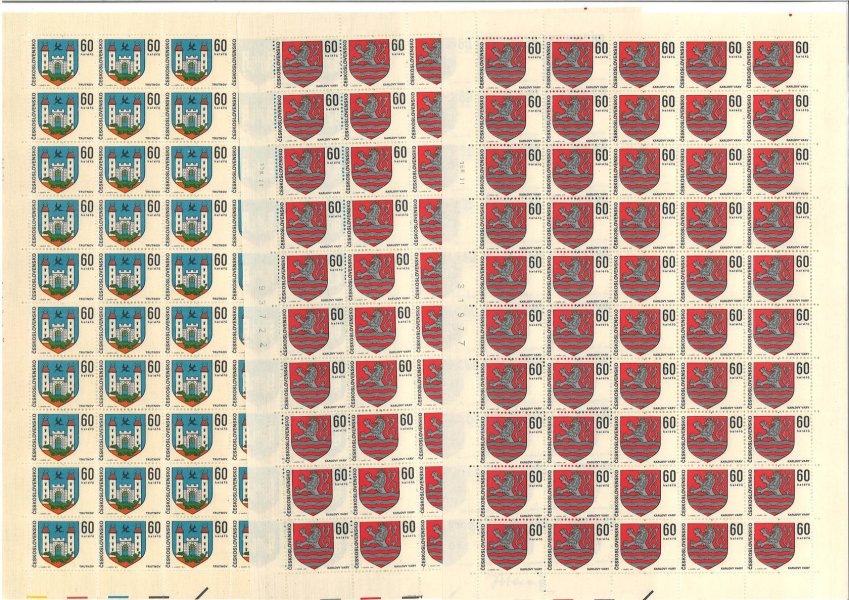 1866 - 1891 Znaky Československých měst - kompletní archy s daty tisku  - celkem 8 archů-  u některých desky A+ B 