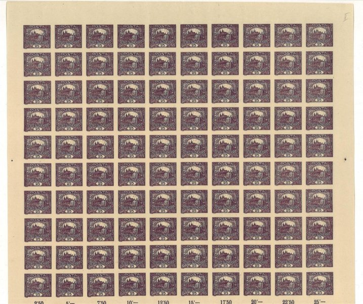 11, fialová 25 h, TD II, kompletní tiskový arch, nepřeložený, lehce omačkané okraje na spodním okraji, mnoho spojených spirálových ( 4 x typ I )  a příčkových typů ( 17 x dlouhá příčka) + obloukové typy , hezké