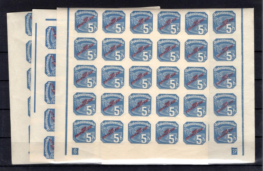 NV 2, modrá 5 h, kompletní arch rozdělený na 4 čtvrtiny s DČ 6 - 37