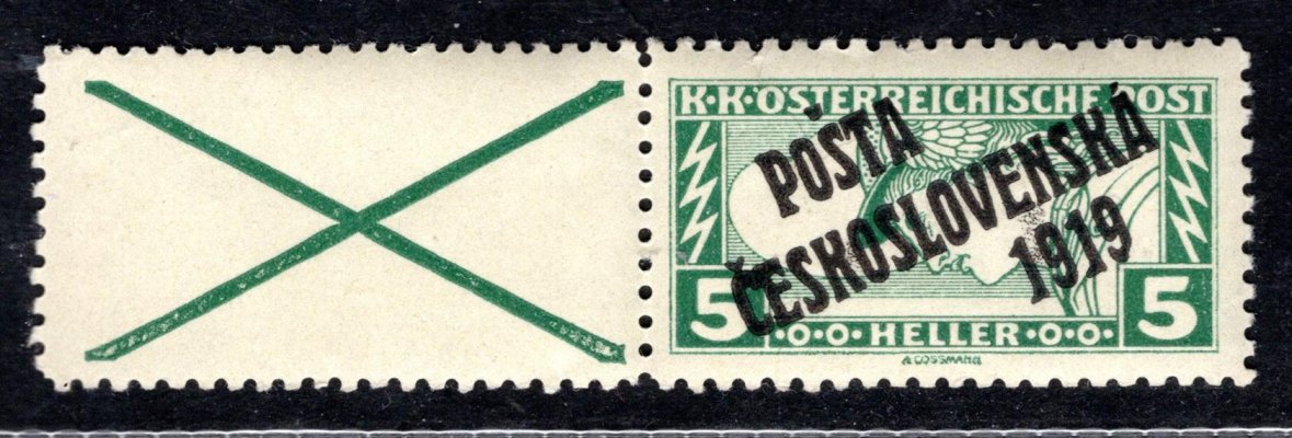 58 B KN Ob 5 h zelená Typ III obtisk přetisku na známce s nepřetištěným kuponem vlevo - zk. Gilbert - vzácná kombinace 