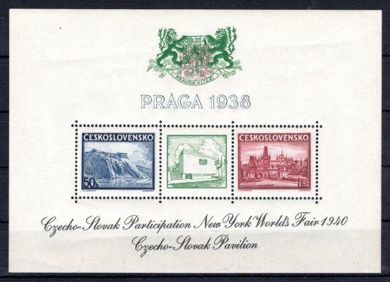 As 9c, přítisk na aršíku A 342-3, Praga 38, pro NY 1940, zelený pavilón uprostřed,  přítisk černý, znak zelený