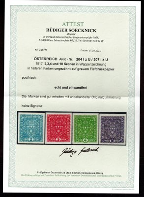 2 koruna - 10  koruna. Znak 1917 - nezoubkované dvoupásky ANK 204 IZU - 207 IZU - úzké formáty - Atest Soecknick 