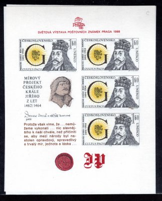 2863 A;  Mírový projekt Jiřího z Poděbrad 4 x 1,60 Kčs, dva aršíky, portrét českého krále vpravo od nápisu šedohnědý nebo hnědočerný, velmi výrazný barevný rozdíl