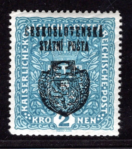 RV 37,  II. Pražský přetisk, znak, široký! formát - vrásy, modrá 2 K, zk. Mrňák, Vrba