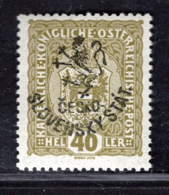 RV 94, Hornerův přetisk (Budějovické vydání),  znak, olivová 40 h, zk. Lešetický, Mrňák