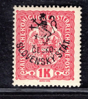 RV 99, Hornerův přetisk (Budějovické vydání),  znak, červená 1 K, zk.Lešetický, Mrňák, Vrba