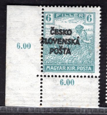 RV 141, Šrobárův přetisk, (Žilinské vydání), ženci, rohový kus s počítadly, zelenomodrá 6 f,  zk. Vrba, hezké