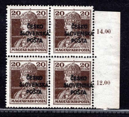 RV 148, Šrobárův přetisk, (Žilinské vydání), Kareli, krajový 4 blok s počítadly, hnědá 20 f , zk.  Vrba, ve 4 bloku vzácné a hledané