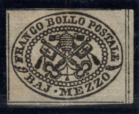 Itálie . Papežský stát,   Mi. 1  (Sassone 1), černá 1/2 baj, attest Manzoni, kat. Sassone 1 500Euro,  hledané