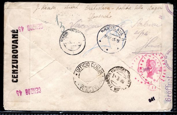 R, letecký, několikrát cenzurovaný dopis z Bratislavy 13/IX/41 se známkami  L 3 - 5, do Chorvatska, lehké stopy poštovního provozu, zde nedoručen a vrácen zpět, zajímavá celistvost odrážející poštovní podmínky tehdejší doby zajímavá celistvost