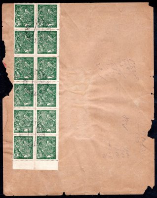 Telegram z Českých Budějovic, 23/2/21 do Holandska, na horní i dolní straně lehce vytržený okraj, vyplacený na zadní straně krajovým 12-ti blokem HaV, zelená 500 h, mimořádná a dekorativní frankatura - bez záruky 