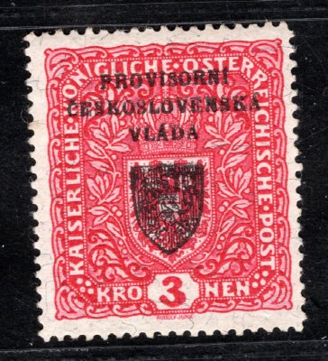 RV 17a,  I. Pražský přetisk, papír žilkovaný, znak,  formát široký, červená 3 K, zk. Fischmeister, Vrba