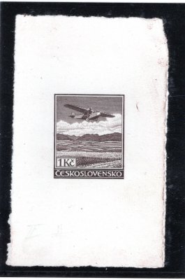 L8 ZT, Letecké, otisk rytiny známky 1 Kč v barvě hnědé, vodorovně i šikmo šrafovaná obloha, na lístku papíru, zk. a atest Vrba