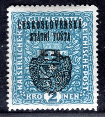 RV 37,  II. Pražský přetisk, formát široký, znak, modrá 2 K,zk. Tribuna, Franěk, Vrba
