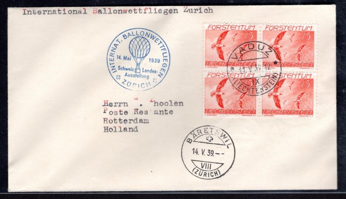 Lichtenstein - Mi. 174, letecké 15 Rp oranžová,  ve 4 bloku na balonovém dopise do Holandska, kašetové balonové razítko,  příchozí razítko, zajímavé a dekorativní