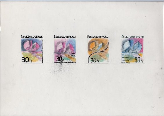 Nepřijaté návrhy známky 30 h Slovenské národní povstání, památník SNP v Bánské Bystrici, náčrt známky Josef Chovan (z roku 1973), na kartónu, mimořádné, z významné pozůstalosti