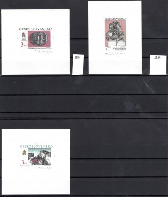 2914, 2951, 3019, ZT, Děvín 3 Kčs; Keltská mince 3 Kčs; Sousoší sv. Martina 7 Kčs. tři otisky rytin v originálních barvách, všechny podpis rytce M. Činovský, pěkný celek