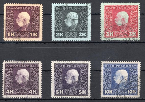 Rakouská polní pošta, 43–48; 1 K až 10 K, korunové hodnoty definitivního vydání z r. 1915, razítkované, ANK € 119.-