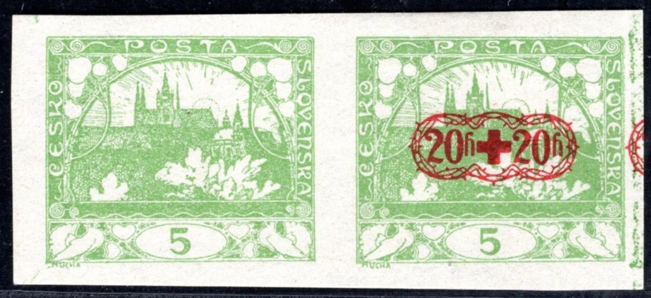 ZT Hradčany, Červený kříž, vodorovná dvoupáska s přítiskem "C" pouze na jedné známce, světle zelená 5 h, zk. Gilbert, hezké