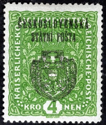RV 39,  II. Pražský přetisk, znak, úzká, zelená 4 K, zk. Franěk