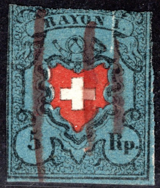 Švýcarsko - Mi. 7, modrá 5 Rp, atest