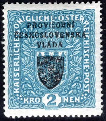 RV 16, I. Pražský přetisk, formát široký, znak, modrá 2 K, zk. Lešetický, Gilbert