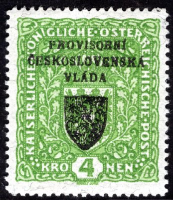 RV 18a, I. Pražský přetisk, papír žilkovaný, znak, světle zelená 4 K, zk. Lešetický, Gilbert