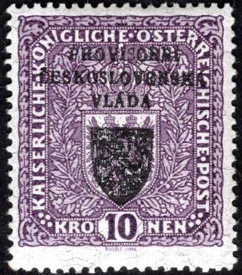 RV 19a, I. Pražský přetisk, papír žilkovaný, znak, světle fialová 10 K, zk. Lešetický, Gilbert
