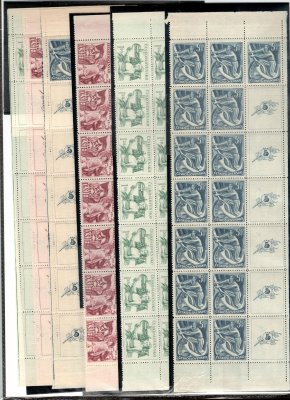 511 - 513, rok 1949 IX. sjezd KSČ, celé pásy s kupóny,  5 Kčs levý a pravý, 3 Kčs a 1,50 Kč horní a dolní, dekorativní 