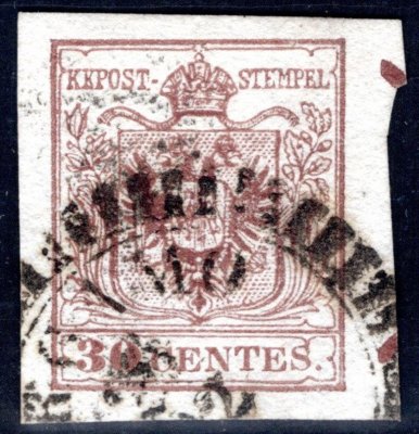 Lombardsko - Benátsko 4 X III, 30 Cents emise I, typ III, krajová známka s otiskem ondřejského kříže, 1,5 mm - dobrá kvalita 
