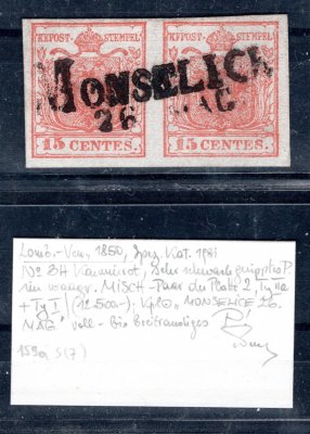 Lombardsko - Benátsko Michel 3 X II + I, vodorovná dvoupáska 15 Cents ruční rýhovaný ( geript) papír se spojenými typy IIa + I, písmené vyjádření Ferchenbauer, luxusní kvalita 