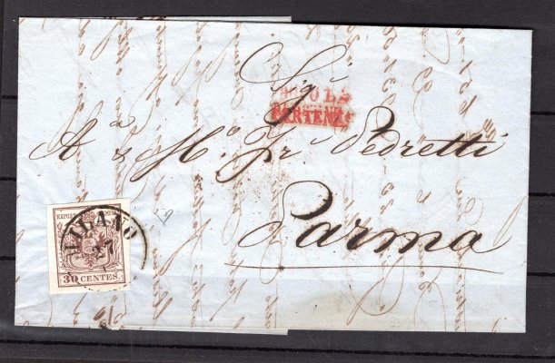Lombarsko, Benátsko skládaý dopis vyplacený 4 X III, prvotisk, červené razítko ,, po odchodu pošty,, 30 cents první emise, ruční papír, typ III, zkoušeno E.Diena