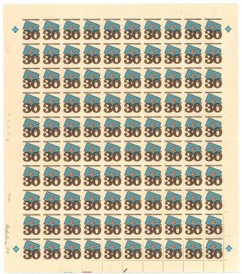 2111 y ab Poštovní emblémy 30 h, papír fl1 nadstandardní stav, vzácný odstín azurově modrá, kompletní 100kusový arch (A, 7. VI. 78), kat. jen jednotlivých známek 3000 Kč, v archu nesehnatelné