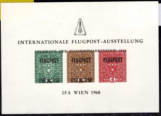 N 7, novotisk se známkami 225 - 227, 1.50 K - 4 Koruny Flugpost v odchylných barvách 
