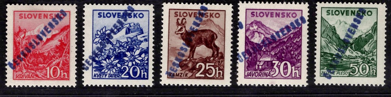 Bratislava, Tatranské 106 -110, úřední přetisk z června 1945 v modré  barvě