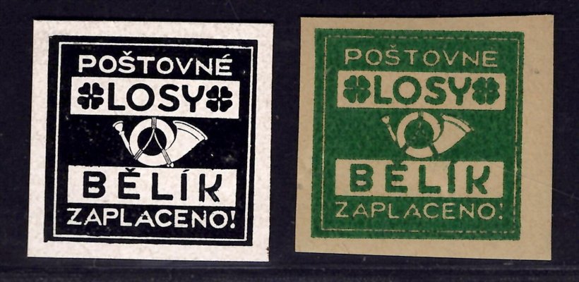 Praha, Losy Bělík, vydaná novinová nálepka a ZT v černě barvěna křídovém papíru bez lepu
