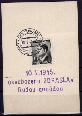 Zbraslav, kartička se známkou 10 hal A.H. a razítkem Finish Germanie / Zbraslav nad Vltavou 10.5.45