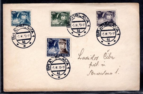 dopis se známkami 34 - 7, Štefánik, podací razítko Bratislava 1, 5/IV/39 adresovaný v místě, datum prvního dne, přiloženo potvrzení poštovního úřadu o podání zásilky