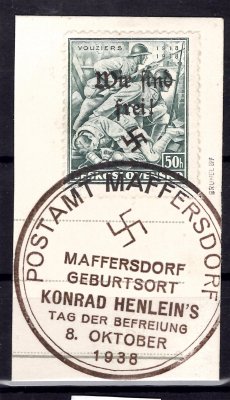 Maffersdorf 132 s přetiskem Wir sind frei na výstřižku, na původní známce 1938. Pofis 337, 20. výročí bojů če. legií,  Atest Robert Brunel, kat. cena 250 euro