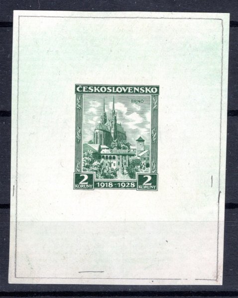 239, Brno, výročí vzniku ČSR, otisk rytiny na kousku papíru, zelená 2Kč, zk. Vrba, hledané