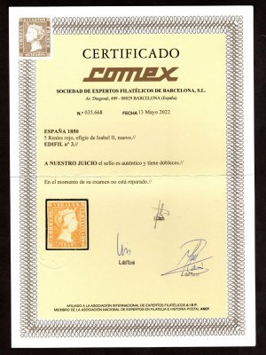  Španělsko, Mi. 3 (Edifil 3), Královna Isabella II. 5 R červená, hezký střih, neupotřebená, signovaná a atest Comex