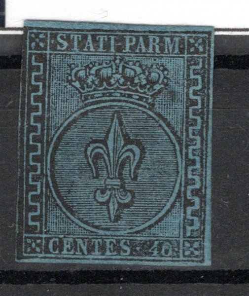  Itálie, Parma, Mi. 5 (Sassone 5), Znak 40 c modrá/černá, atest Biondi, kat. Sassone 13 000 EUR, lehký ohyb, hledaná známka 