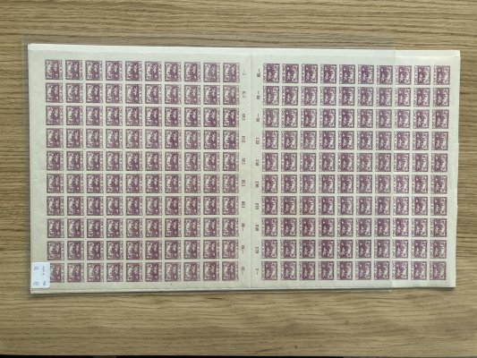  2 Mp (PA 2x 100), 3 h fialová, přeložený kompletní 200ks arch s protisměrným meziarším, velmi vzácné