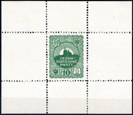  Jindra Schmidt, návrh, zoubkovaný tisk známky Hradčany 1918, větší formát, dřevoryt, ve formě aršíku, v barvě zelené, zk. Vrba, hledané