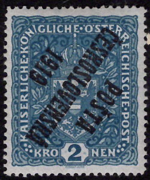  48 I PP, Znak 2 K světle modrá, úzký formát, s převráceným přetiskem, typ I, zk. Gilbert, Vrba, Lešetický