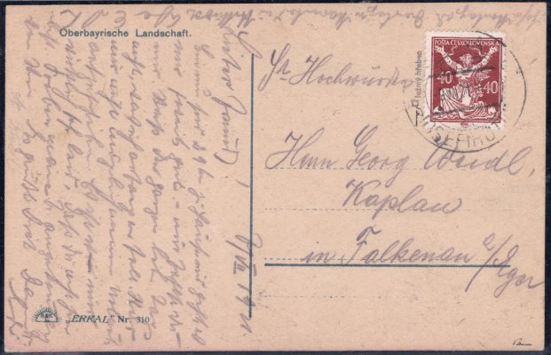  154 C, Osvobozená republika 40 h hnědá, typ II ze spojených typů, ležmý hřeben, na pohlednici adresované do Kaplau in Falkenau, zk. Pittermann, mimořádné