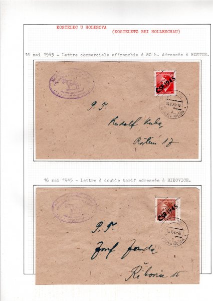 Kostelec u Holešova - přetisk na známkách A. H. + Sv. Vít,  dopis 2 x
