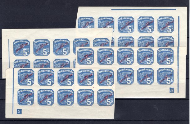 NV 2, modrá 5 h, miniatura s rohy o 10-ti známkách s DČ 5 - 38, dělící linka na horním pravém okraji