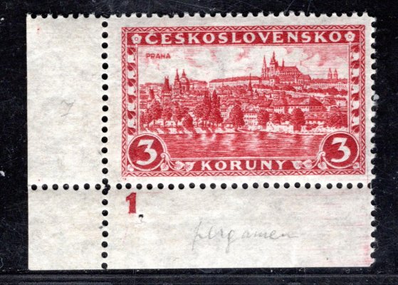 226x, P5, typ I, papír pergamenový, levý dolní rohový kus s DČ 1, červená 3 Kč, zk. Vrba - vzácné